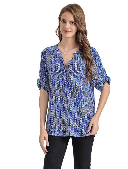 Women's Geometric Print Top with 3/4 Sleeve Roll Tab for Short Sleeve