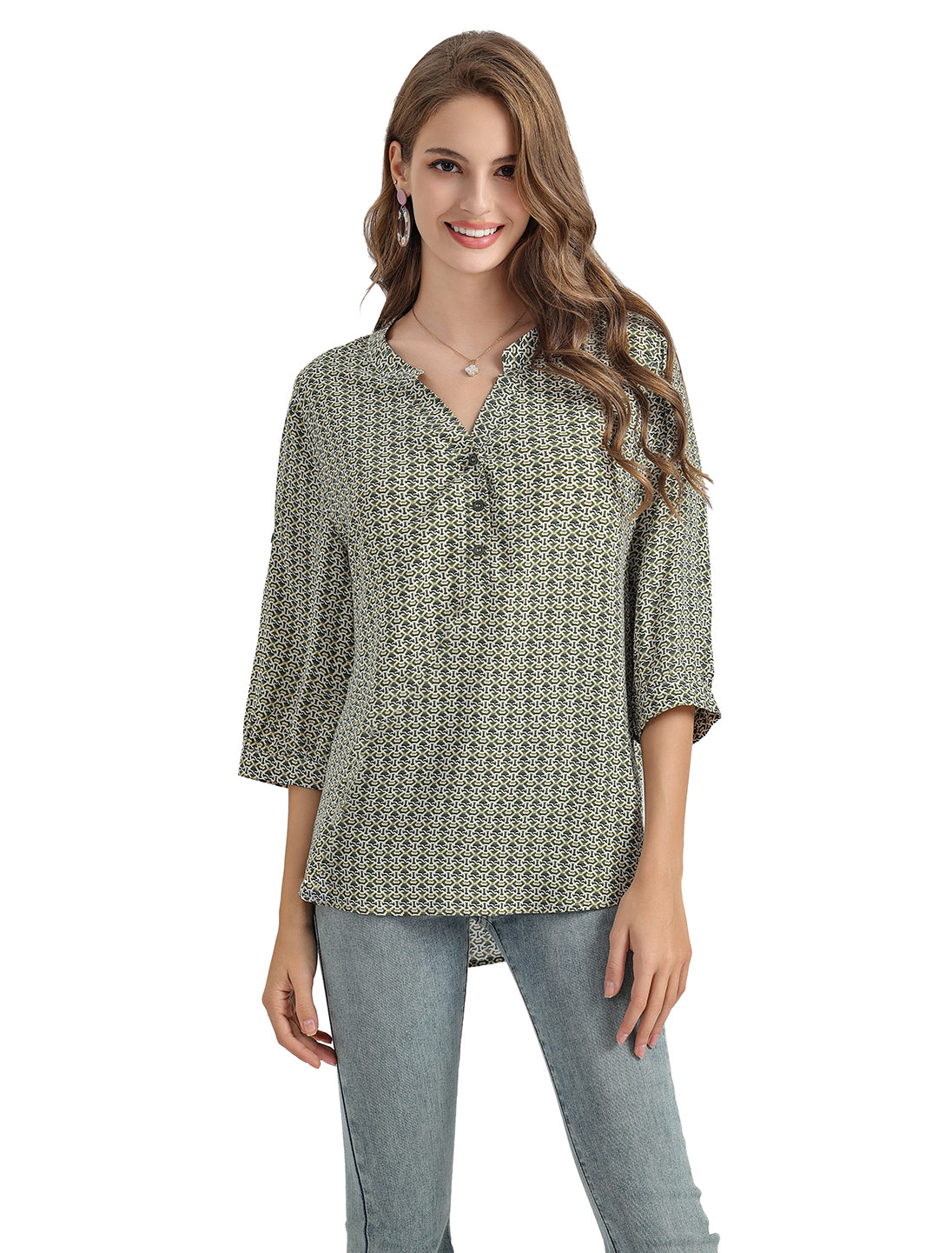 Women's Geometric Print Top with 3/4 Sleeve Roll Tab for Short Sleeve
