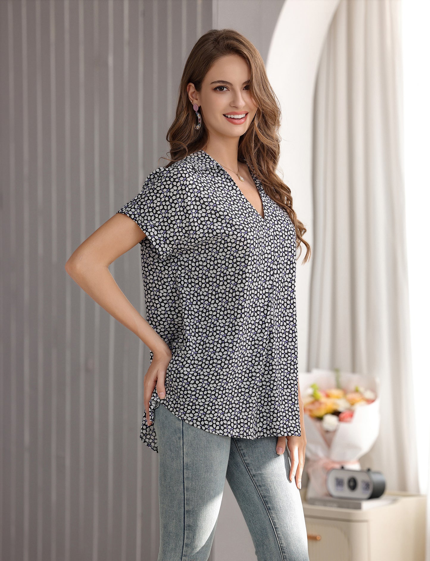 Women's Long Tunic Blouse with Dainty Floral Print