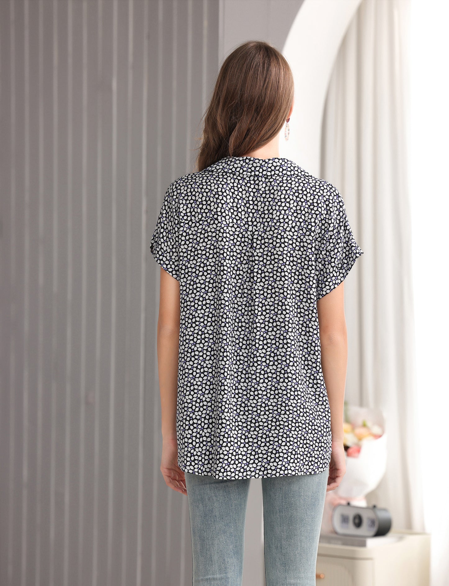 Women's Long Tunic Blouse with Dainty Floral Print