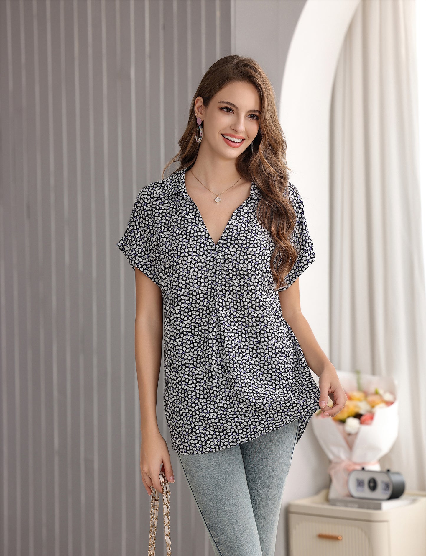 Women's Long Tunic Blouse with Dainty Floral Print