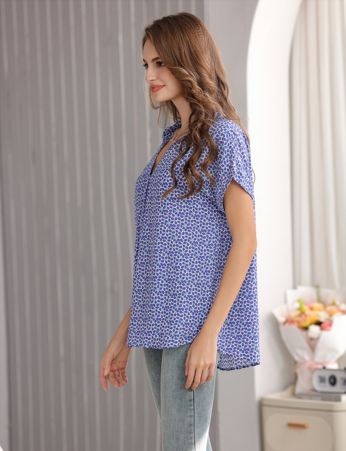 Women's Long Tunic Blouse with Dainty Floral Print