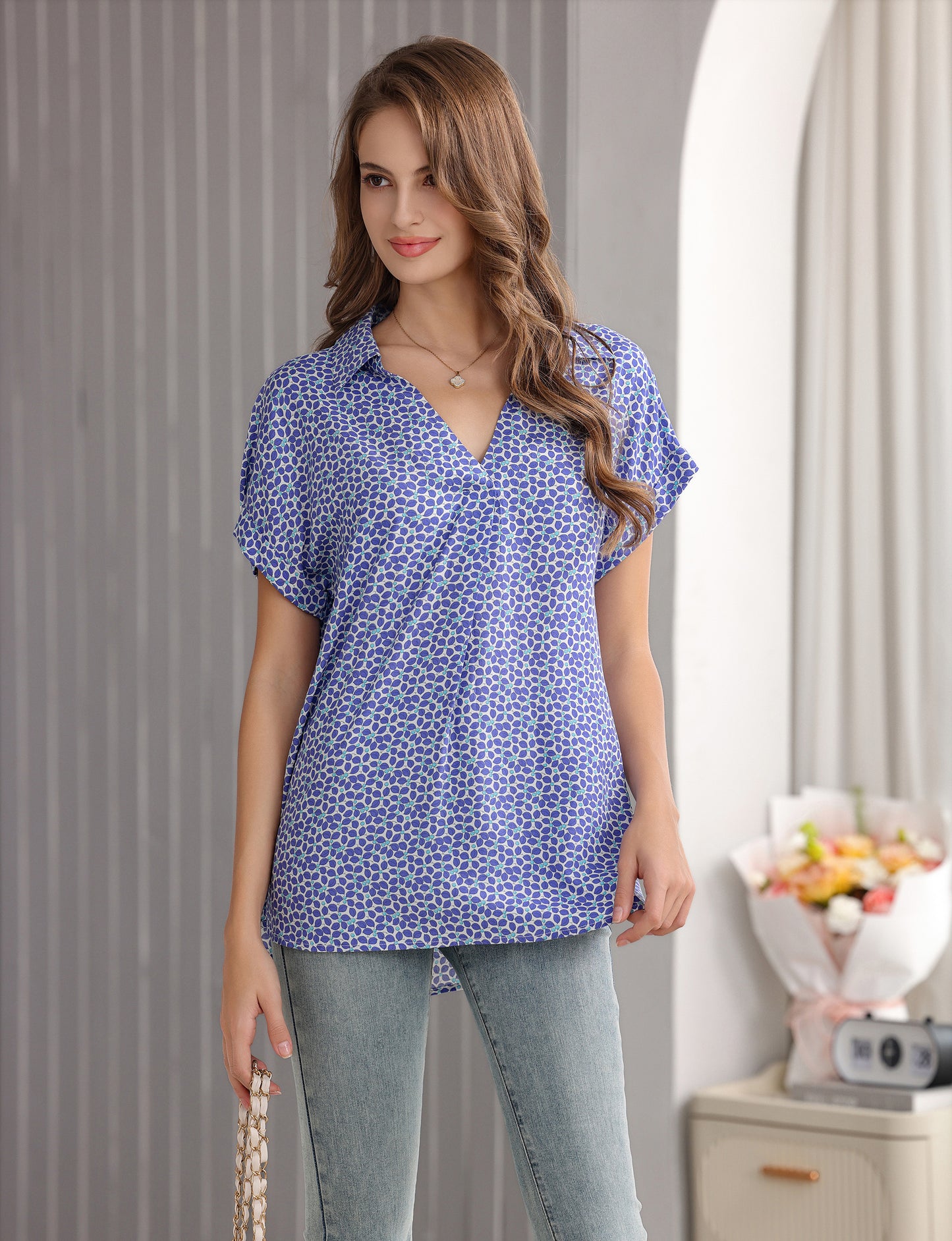 Women's Long Tunic Blouse with Dainty Floral Print
