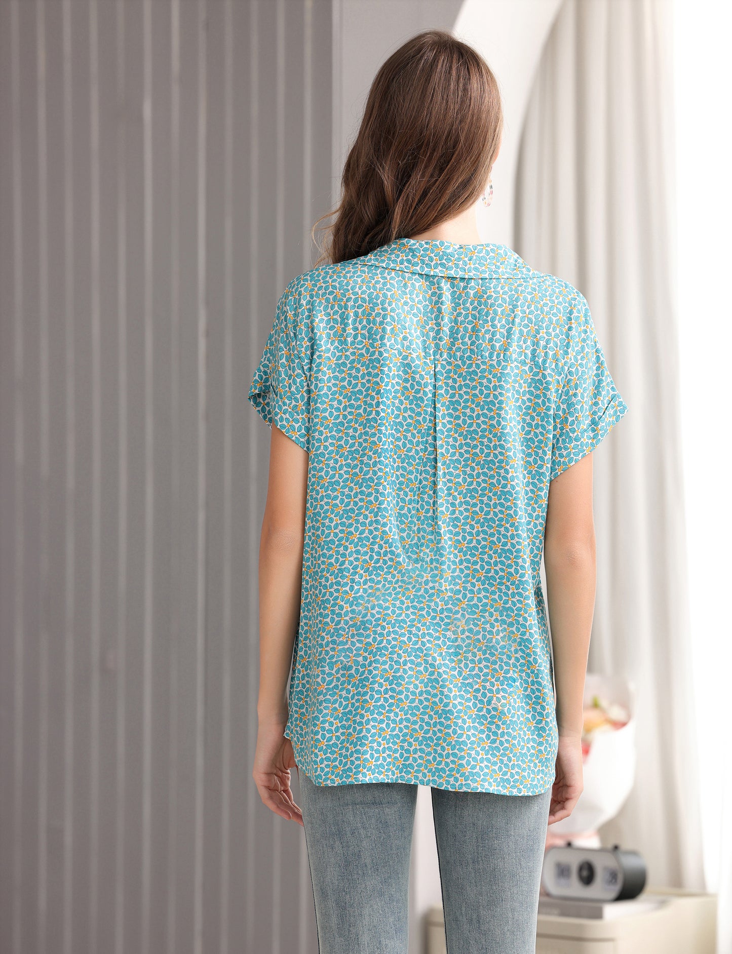 Women's Long Tunic Blouse with Dainty Floral Print
