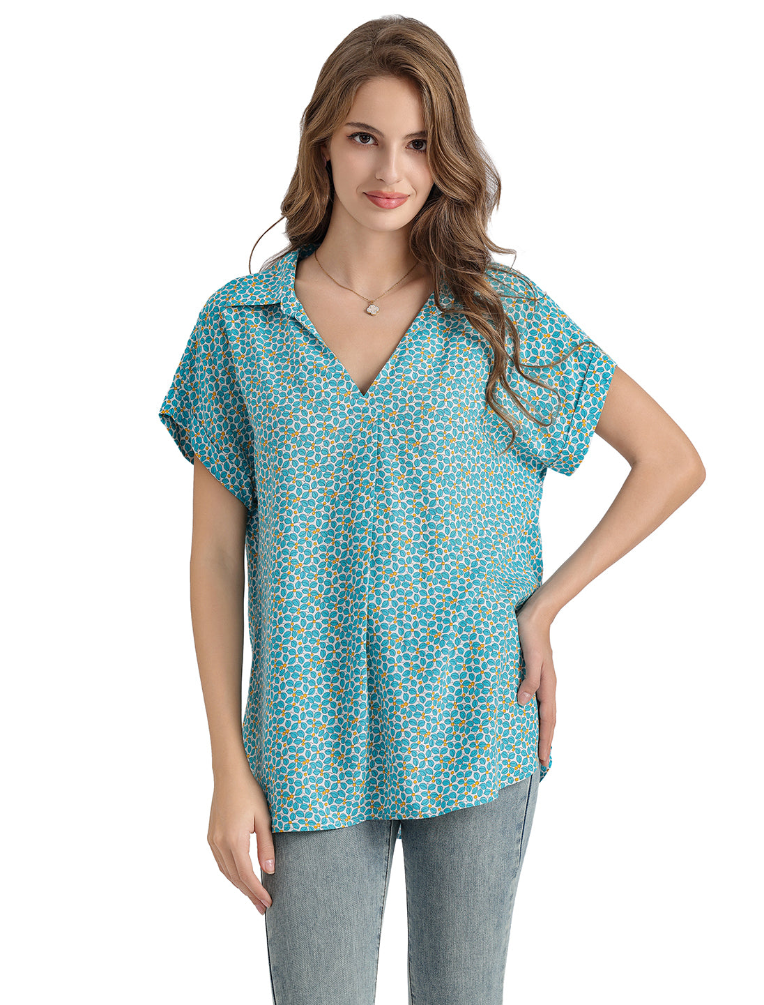 Women's Long Tunic Blouse with Dainty Floral Print