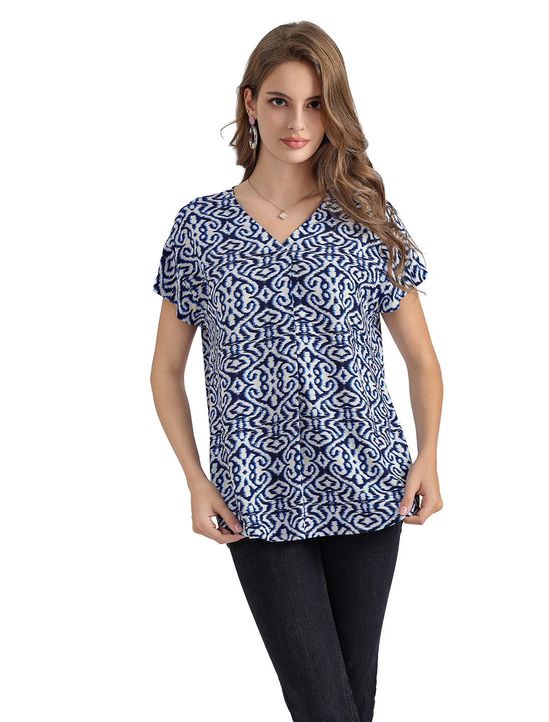 Women's Pullover Tunic Top with Short-Sleeves, Abstract Print