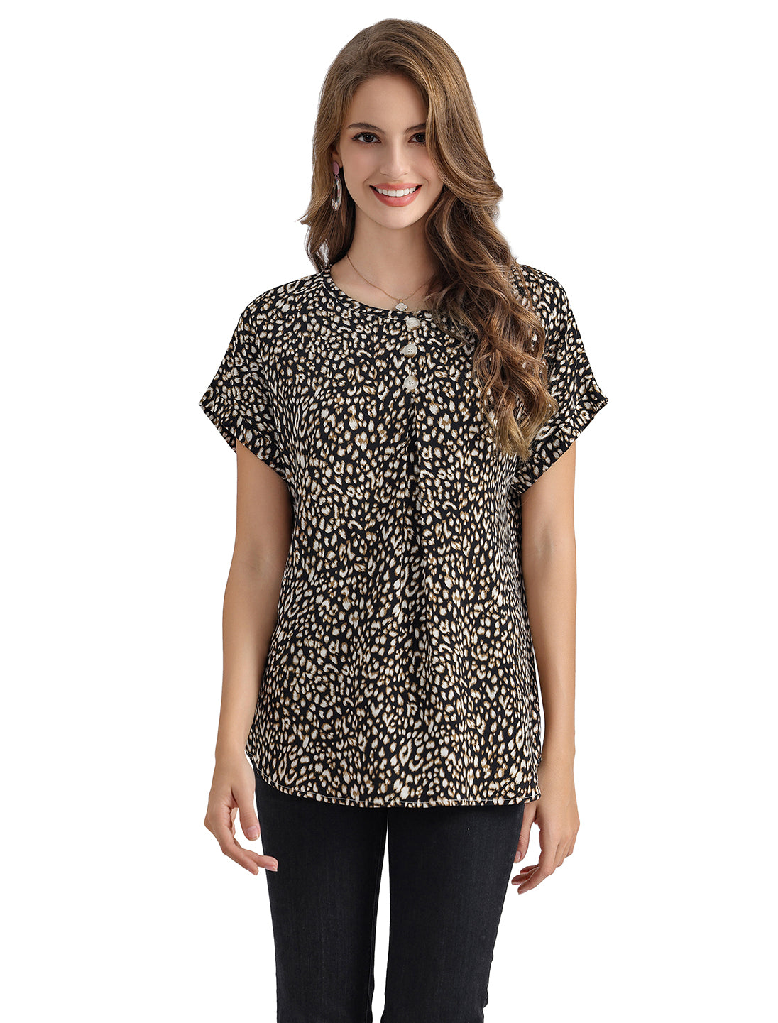 Women's Short-Sleeve Tunic Top with Distinctive Leopard Print