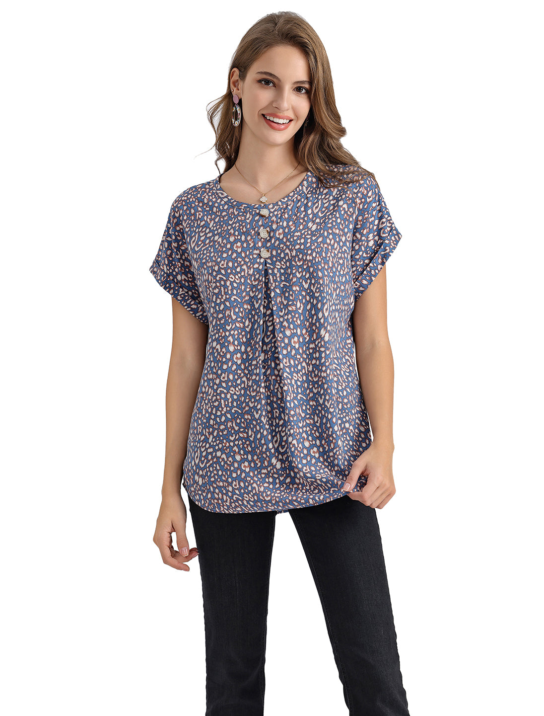 Women's Short-Sleeve Tunic Top with Distinctive Leopard Print