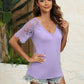 Trendy Summer Tops Lace Short Sleeve V Neck T Shirts for Women,  Solid Color S-XXL