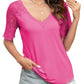 Trendy Summer Tops Lace Short Sleeve V Neck T Shirts for Women,  Solid Color S-XXL