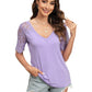Trendy Summer Tops Lace Short Sleeve V Neck T Shirts for Women,  Solid Color S-XXL
