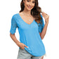 Trendy Summer Tops Lace Short Sleeve V Neck T Shirts for Women,  Solid Color S-XXL