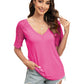 Trendy Summer Tops Lace Short Sleeve V Neck T Shirts for Women,  Solid Color S-XXL