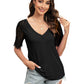 Trendy Summer Tops Lace Short Sleeve V Neck T Shirts for Women,  Solid Color S-XXL