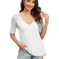 Trendy Summer Tops Lace Short Sleeve V Neck T Shirts for Women,  Solid Color S-XXL