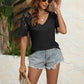 Trendy Summer Tops Lace Short Sleeve V Neck T Shirts for Women,  Solid Color S-XXL