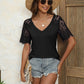 Trendy Summer Tops Lace Short Sleeve V Neck T Shirts for Women,  Solid Color S-XXL