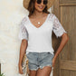 Trendy Summer Tops Lace Short Sleeve V Neck T Shirts for Women,  Solid Color S-XXL