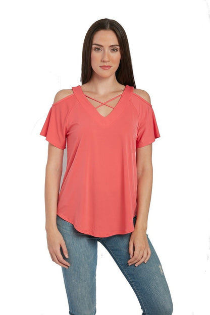 Knit Short Sleeve Cold Shoulder Cross Over Top