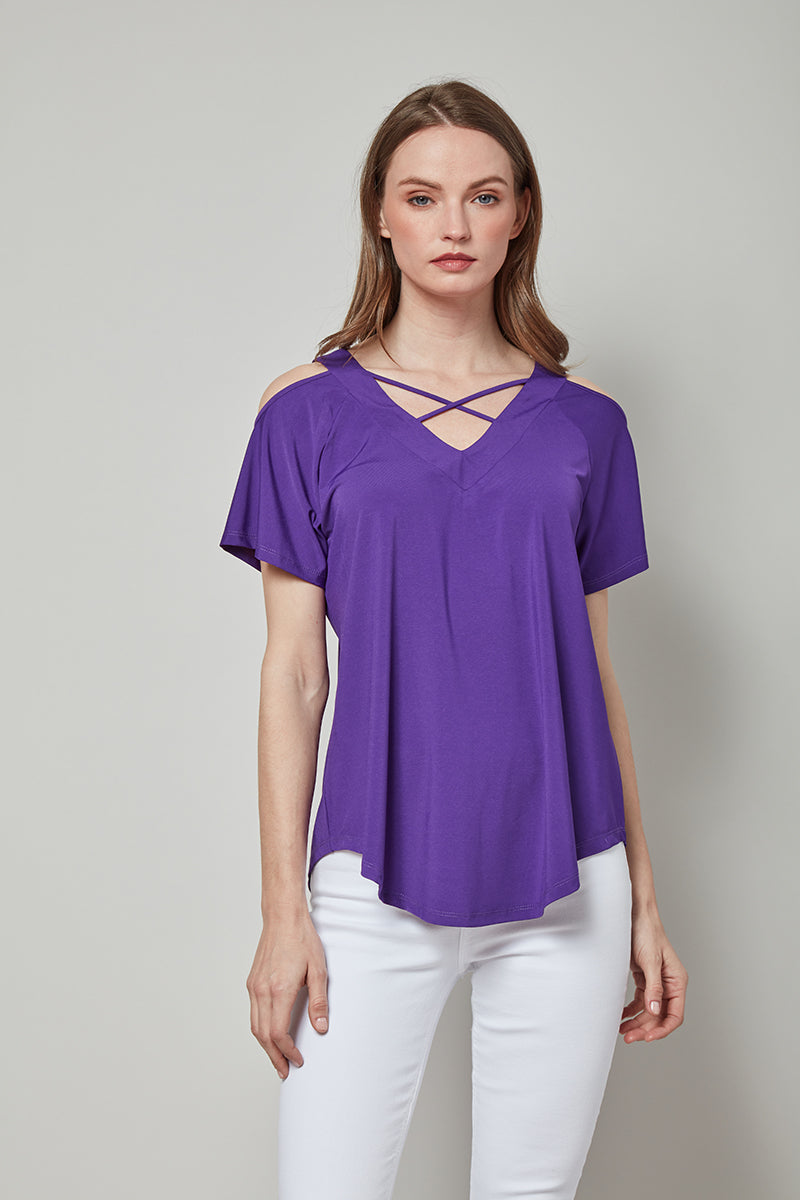 Knit Short Sleeve Cold Shoulder Cross Over Top