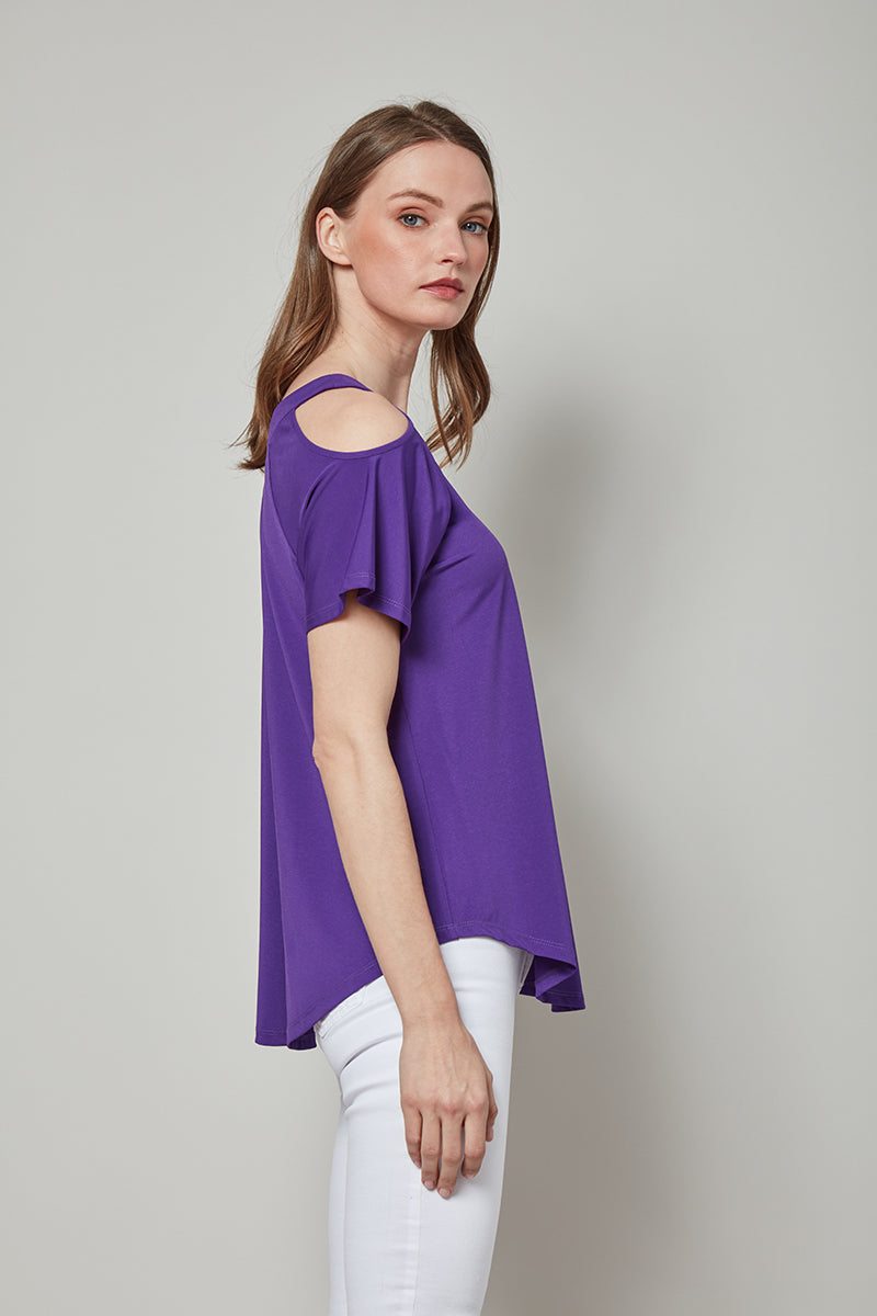 Knit Short Sleeve Cold Shoulder Cross Over Top