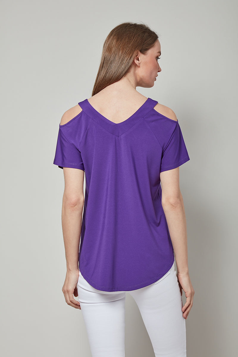 Knit Short Sleeve Cold Shoulder Cross Over Top