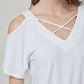 Knit Short Sleeve Cold Shoulder Cross Over Top