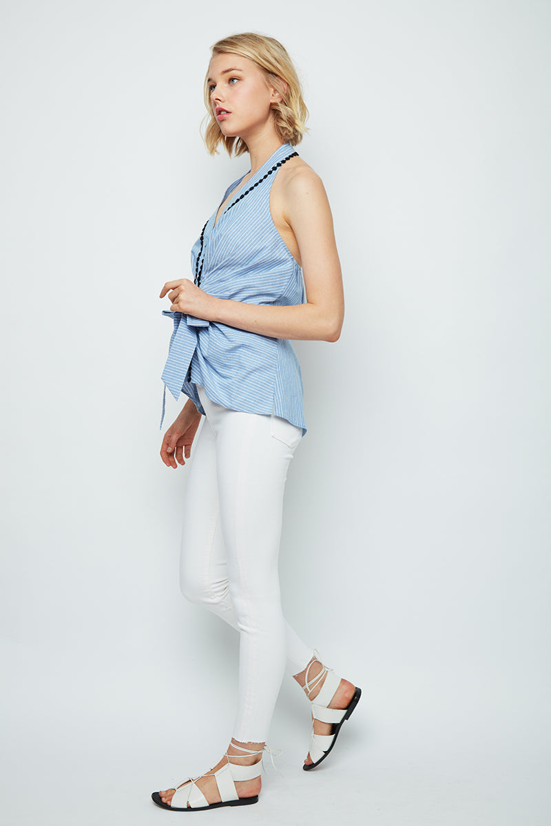 Natural Charm Denim Bow-Front Marg Halter Top