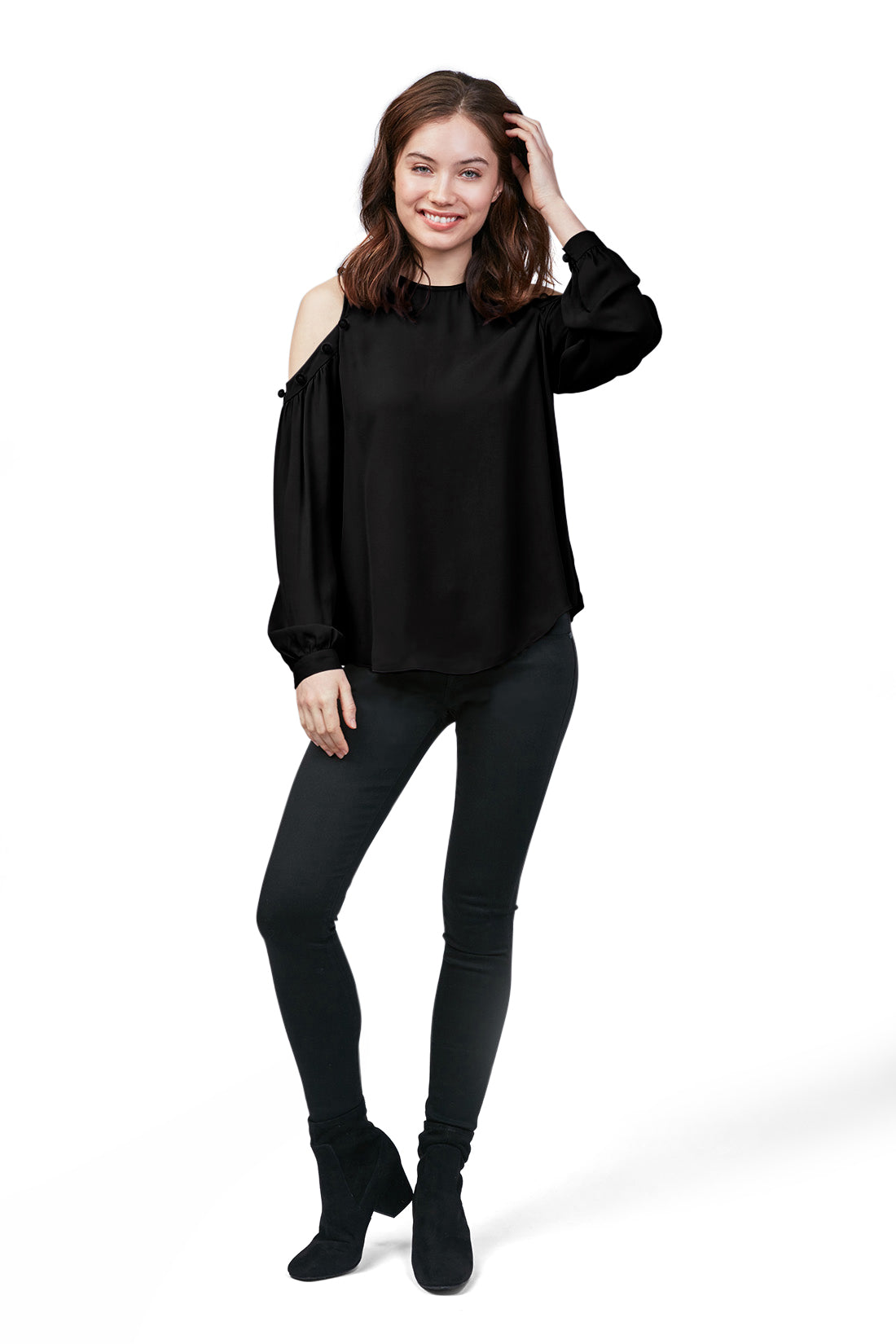 Fall/Winter Casual Long sleeve exposed Cold shoulder Beckie Top, Blouse for Women