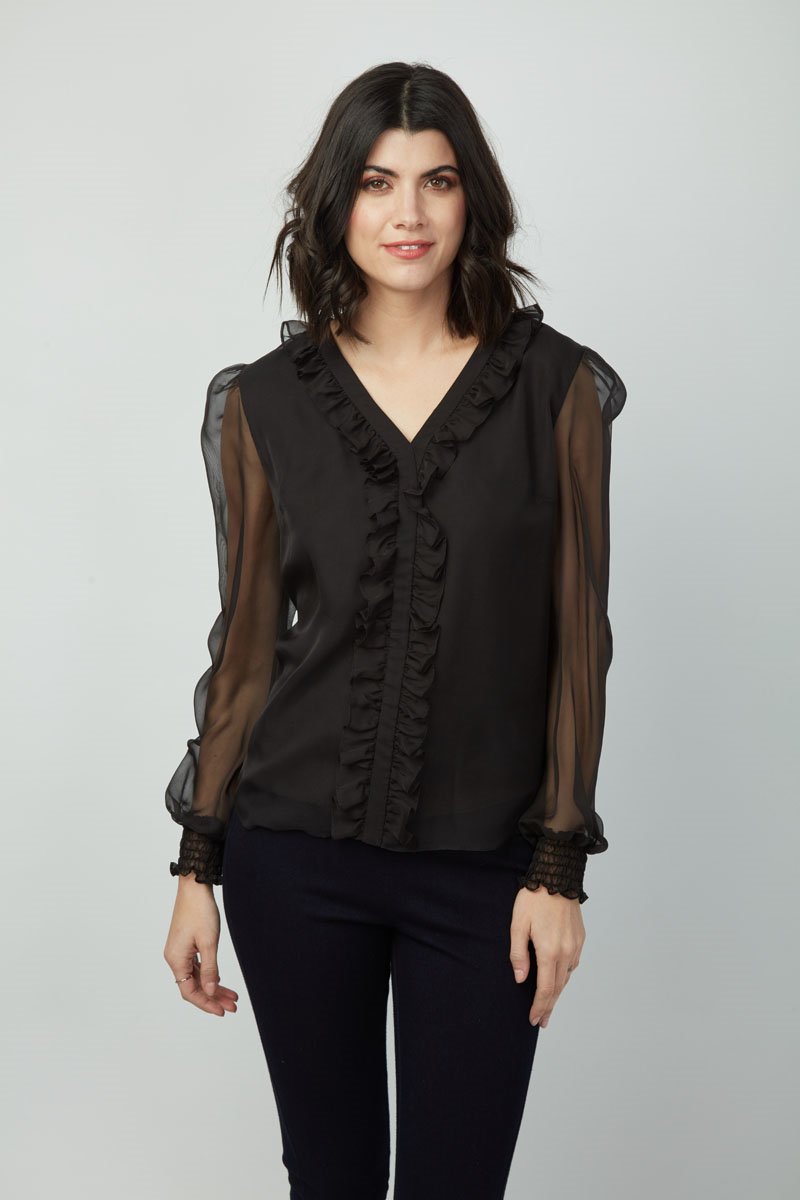 Elegance Emma Top: Women's Long Sleeve V-Neck Ruffle Chiffon shirt - Polyester Slim Fit Casual Blouse