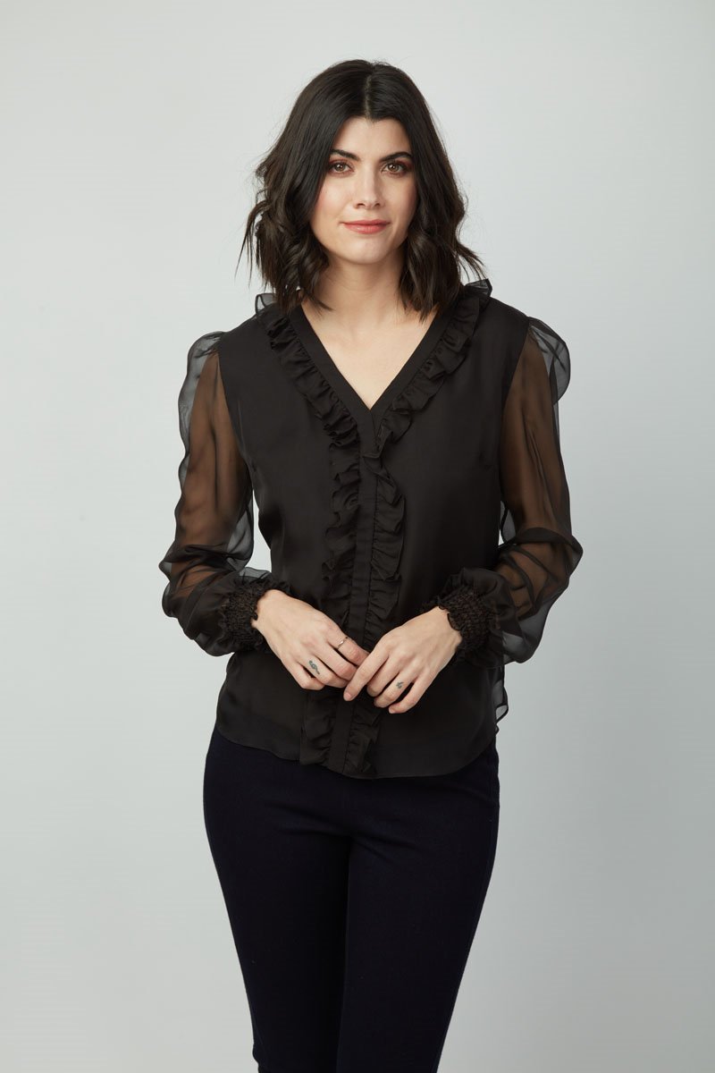 Elegance Emma Top: Women's Long Sleeve V-Neck Ruffle Chiffon shirt - Polyester Slim Fit Casual Blouse