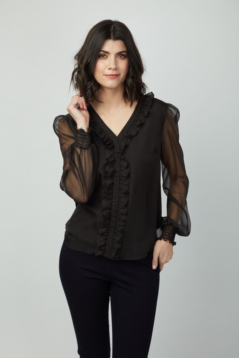 Elegance Emma Top: Women's Long Sleeve V-Neck Ruffle Chiffon shirt - Polyester Slim Fit Casual Blouse