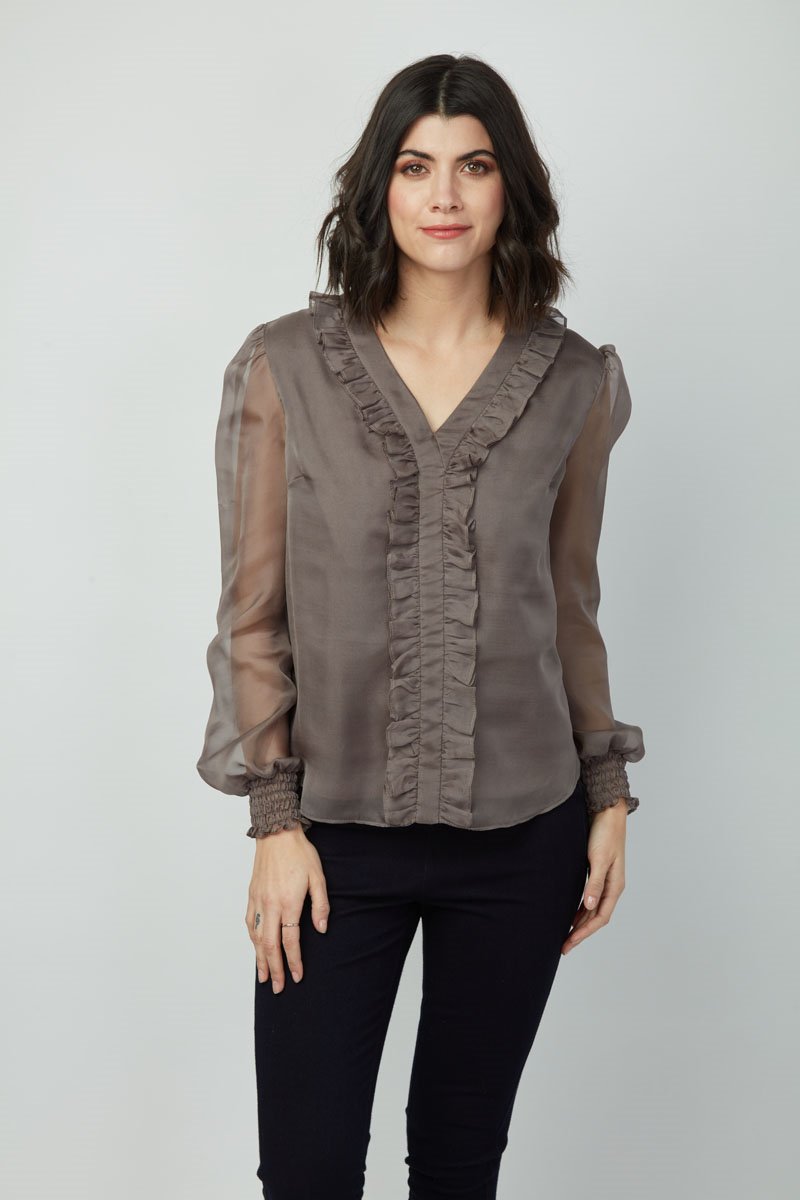 Elegance Emma Top: Women's Long Sleeve V-Neck Ruffle Chiffon shirt - Polyester Slim Fit Casual Blouse