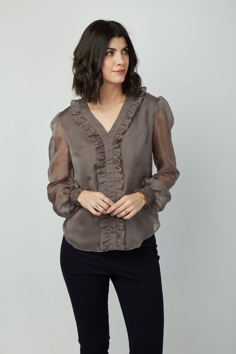 Elegance Emma Top: Women's Long Sleeve V-Neck Ruffle Chiffon shirt - Polyester Slim Fit Casual Blouse