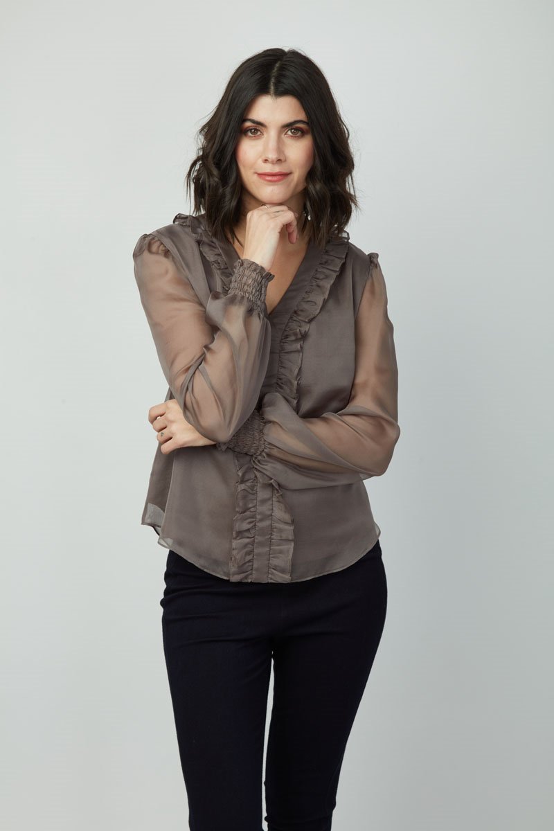 Elegance Emma Top: Women's Long Sleeve V-Neck Ruffle Chiffon shirt - Polyester Slim Fit Casual Blouse