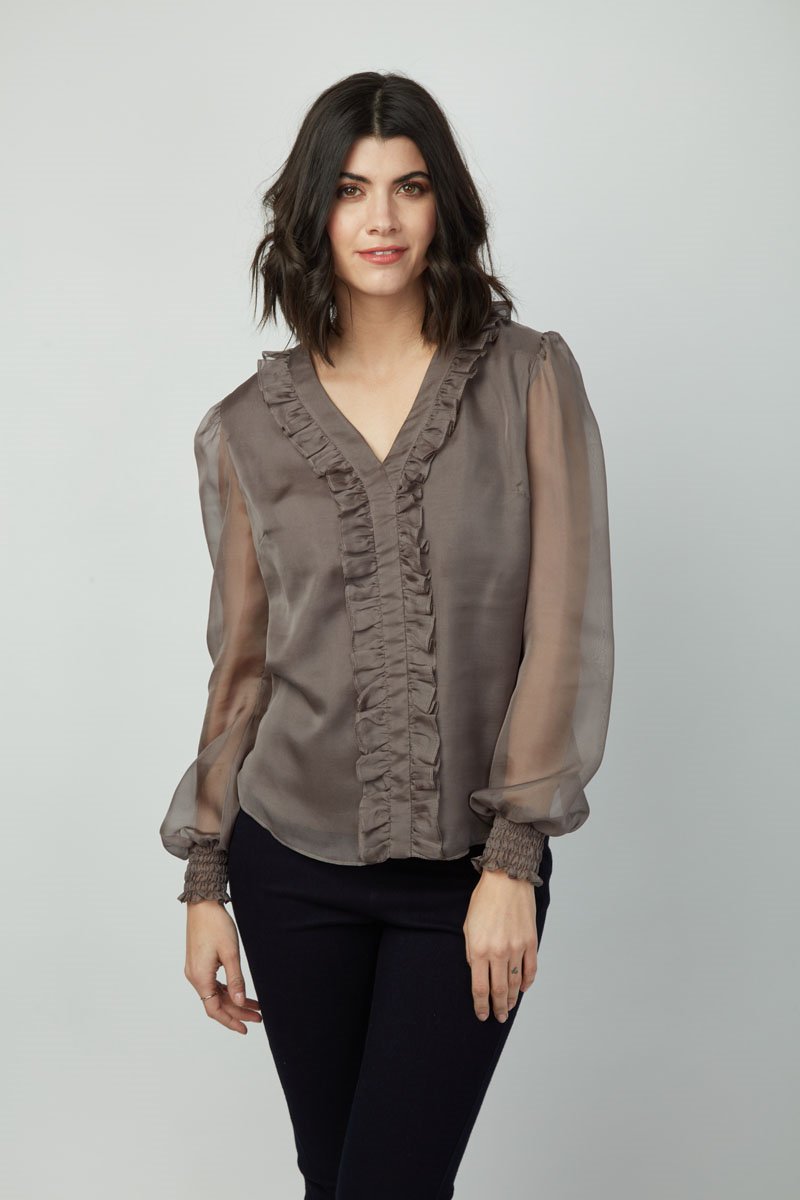 Elegance Emma Top: Women's Long Sleeve V-Neck Ruffle Chiffon shirt - Polyester Slim Fit Casual Blouse