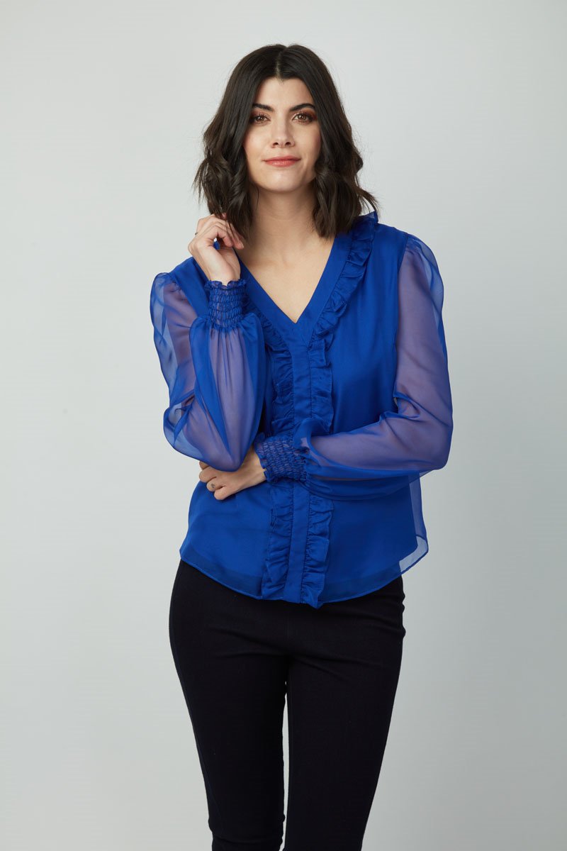 Elegance Emma Top: Women's Long Sleeve V-Neck Ruffle Chiffon shirt - Polyester Slim Fit Casual Blouse