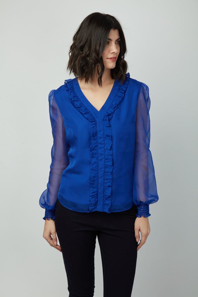 Elegance Emma Top: Women's Long Sleeve V-Neck Ruffle Chiffon shirt - Polyester Slim Fit Casual Blouse