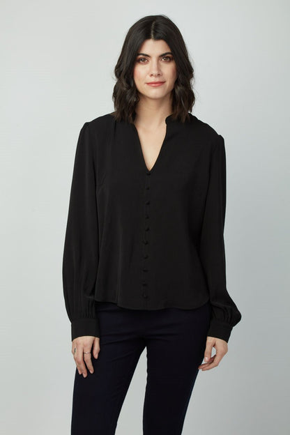 Button Detail Workwear Elegant V Neck Penny Top for Women– Trendy T-Shirts, Long Sleeve and Blouses for Ladies