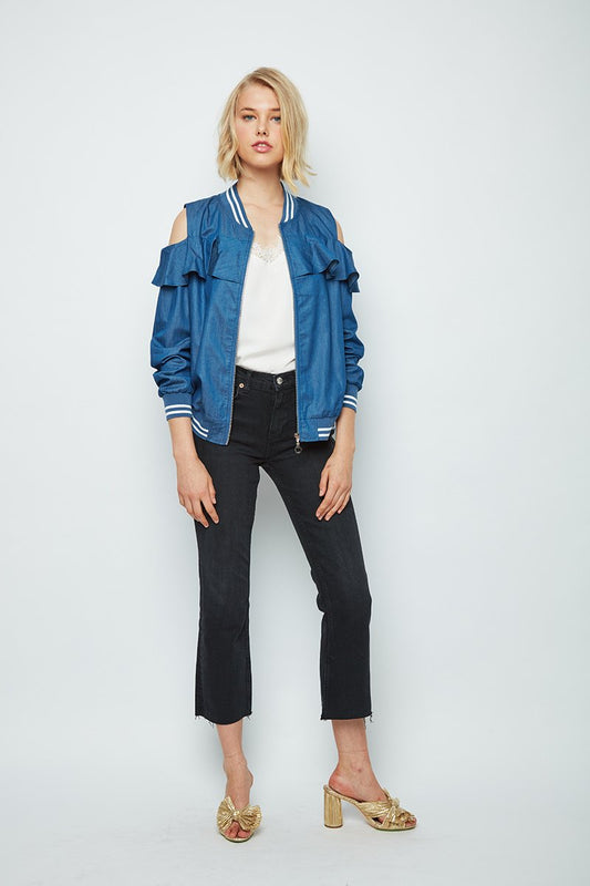 On Repeat Cold Shoulder Ruffle Bomber Deb Jacket