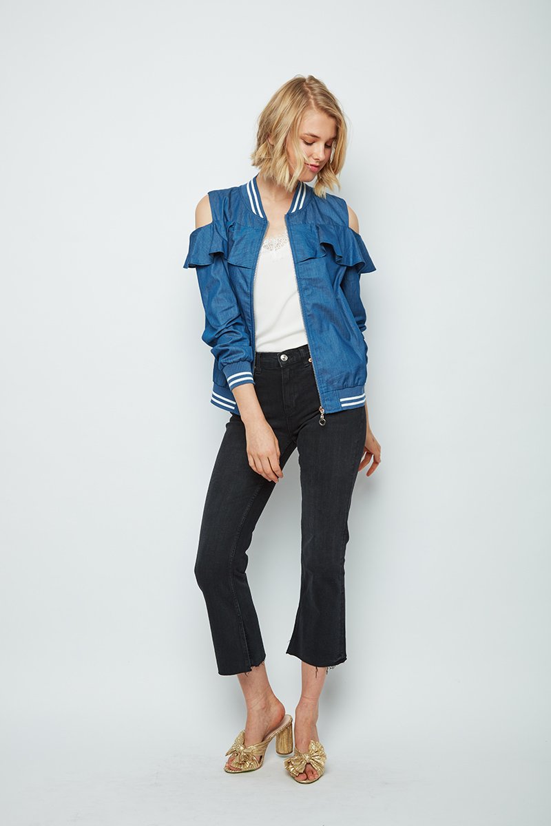 Repeat Cold Shoulder Ruffle Bomber Deb Jacket