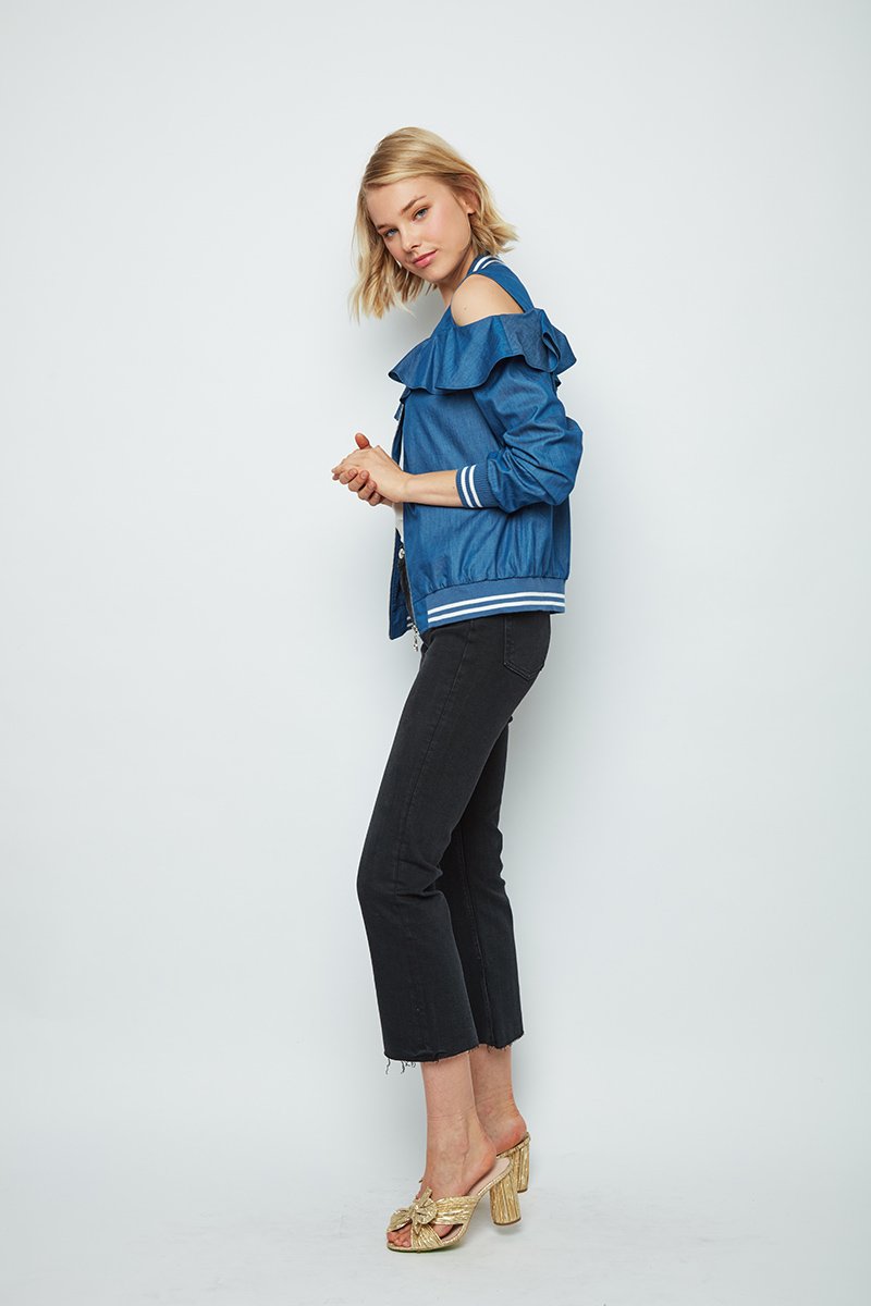 Repeat Cold Shoulder Ruffle Bomber Deb Jacket