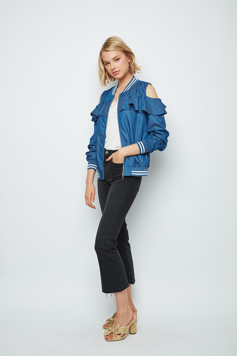 Repeat Cold Shoulder Ruffle Bomber Deb Jacket