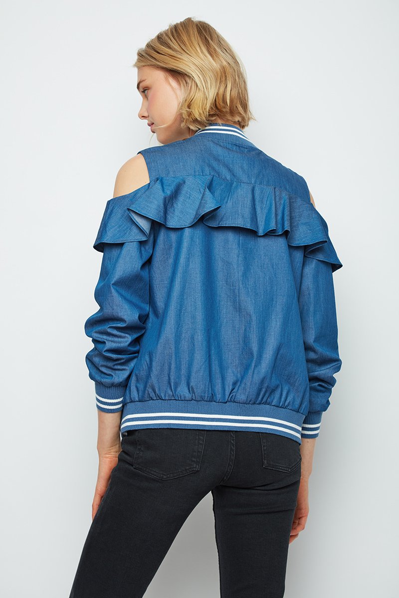 Repeat Cold Shoulder Ruffle Bomber Deb Jacket