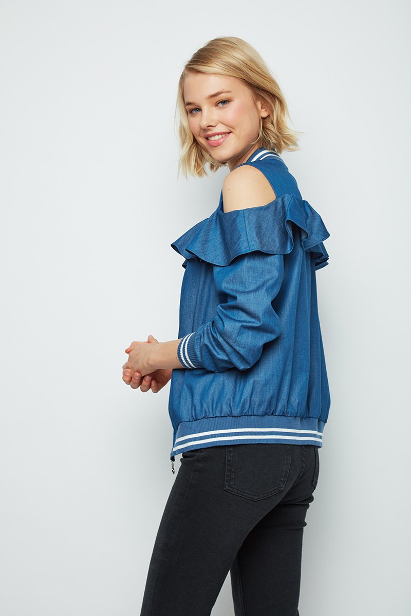 Repeat Cold Shoulder Ruffle Bomber Deb Jacket